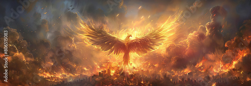 A vibrant phoenix with golden feathers perched atop a pyre of burning wood, watching the dawn