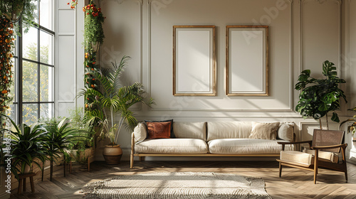 Home mock up, cozy modern kitchen interior background, 3d render. On the wall, there are Parisian-style moldings, with subdued and light colors, along with an empty picture frame. The colors consist o