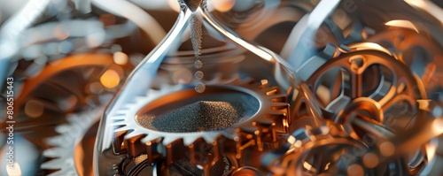 An abstract image showing gears inside an hourglass, rotating as the sand falls through
