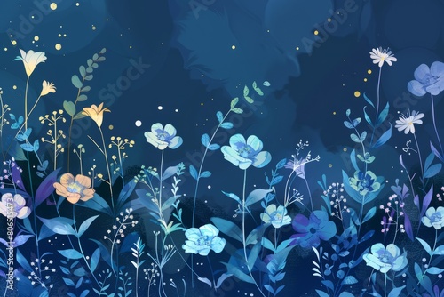 Cartoon cute doodles of mirror world flowers that bloom at night and sleep during the day, emitting soft glow in the darkness, Generative AI