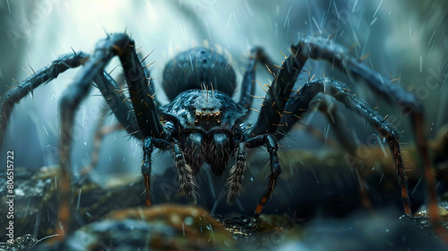 A large spider in the rain.