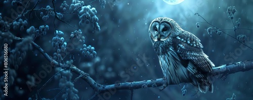 An owl perched on a tree branch, its feathers glowing like moonlight in the dark night