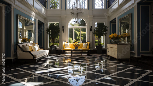 Hollywood Regency style foyer with a geometric floor design, mirrored surfaces, and bold artwork,