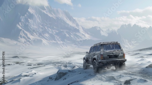 An adventure SUV traversing a snow-covered landscape, mountains rising majestically in the distance.