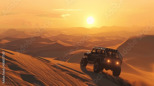 A rugged off-road vehicle crossing a desert expanse, sand dunes stretching to the horizon under a blazing sun.