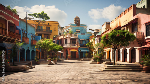 Lively Latin American plaza with colorful buildings, street vendors, and a central fountain,