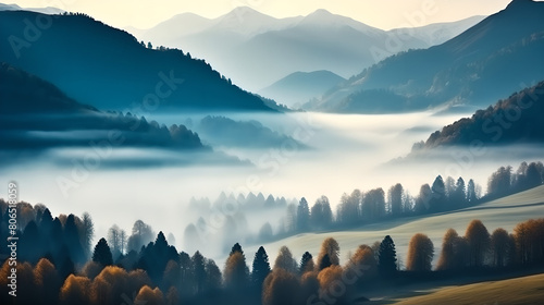 Beautiful Natural landscape background from forest in mountains with fog, green trees, plants, nature