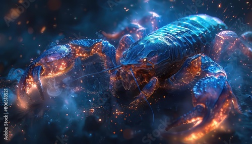 An illustration of a glowing blue and orange scorpion with smoke and fire surrounding it.