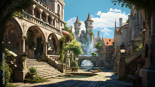 Medieval castle courtyard with a stone well, banners, and a view of the surrounding lands,