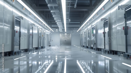 Interior of a modern meat freezing warehouse with state-of-the-art refrigeration systems, showcasing advancements in food preservation technology.