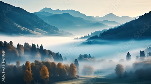 Beautiful Natural landscape background from forest in mountains with fog, green trees, plants, nature