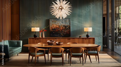 Mid-century modern dining room with a starburst chandelier and teak furniture,