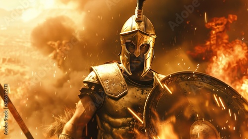 Spartan on burning battlefield wearing armor and helmet