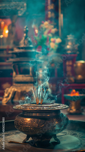 Incense sticks burn with smoke. Many incense sticks in a bronze bowl, in a Buddhist temple. Prayer, offerings to deities, meditation. Aromatic smoke. Buddhist temple interior.