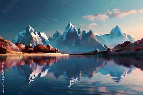 3d render, fantasy landscape panorama with mountains reflecting in the water. Abstract background. Spiritual zen wallpaper with skyline Generative AI