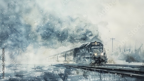 Watercolor scene of a diesel train cutting through a blizzard, the harsh weather conditions rendered in stark whites and grays against the dark train silhouette