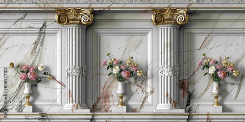 white marble architecture with roman pillar and flower vase at two side