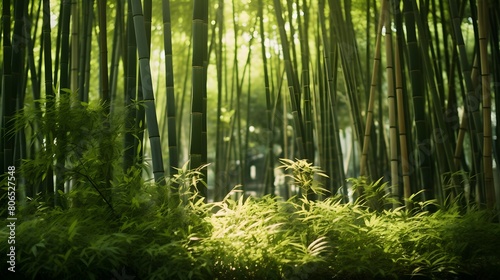 Bamboo forest panorama. Bamboo grove in the morning light
