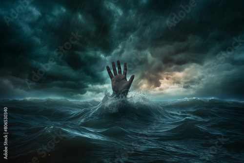 Hand rise from water of the sea as drown illustration