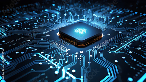 Quantum computer technologies concept. Futuristic blue circuit board background vector. Modern technology circuit board texture background design. Waves flow. Quantum explosion technology.
