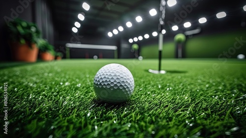 A close-up of a golf ball on a putting green with the flag in the distance.