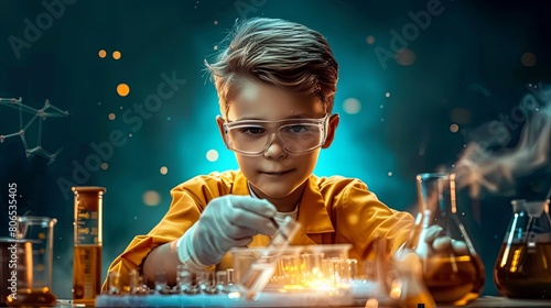 Young scientist conducts exciting chemistry experiment in his home lab, wearing protective eyewear and gloves.