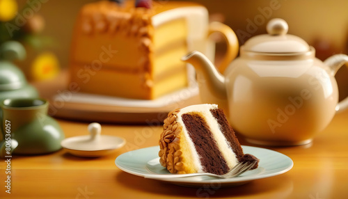 A glazed cake, a cup of coffee, and a teapot on a table, captured in warm lighting