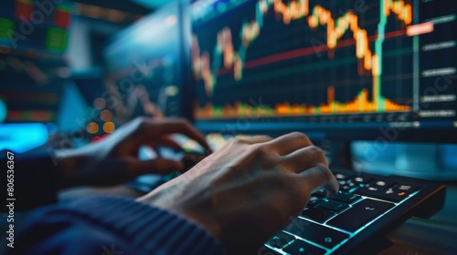 Close-up of a trader's hands typing on a keyboard, executing trades and managing investments with precision.