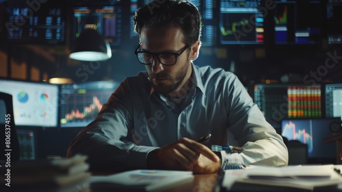 A trader analyzing stock market charts with intense focus, surrounded by financial reports and graphs.