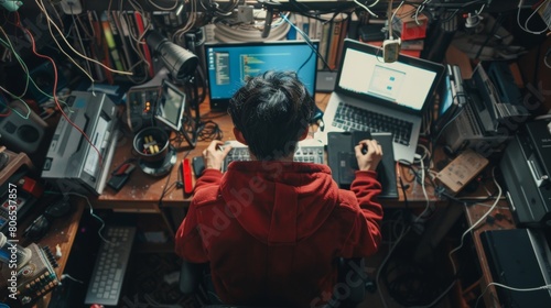 A hacker sitting at a cluttered desk surrounded by gadgets and devices, executing a cyber attack with precision.