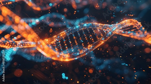 Cadena de ADN hecha de luces en un fondo obscuro. Estructura Genetica