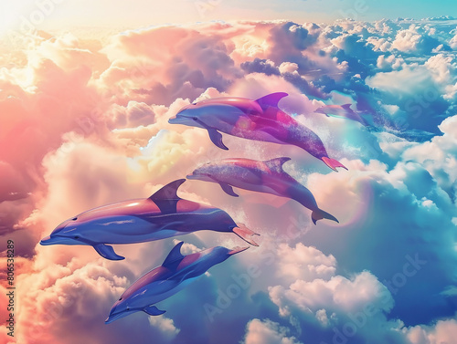 A fantastical image of a pod of dolphins swimming through fluffy white clouds