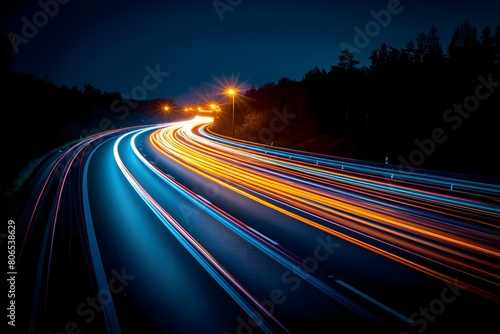 Carretera iluminada por vehiculos que pasan a gran velocidad en la noche. Trafico nocturno