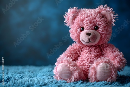 Un lindo oso de peluche rosa en un fondo azul. Detalle ideal para tarjeta de felicitacion, regalo de cumpleaños