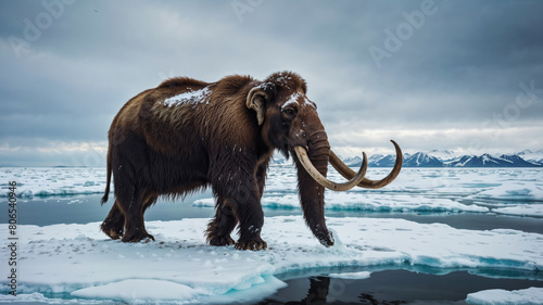 Majestic woolly mammoth standing on ice floes against snowy mountains backdrop. global climate change has led to the extinction of many animal species