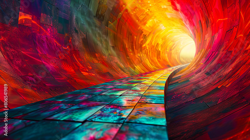 A tunnel with bright colors and a light at the end.
