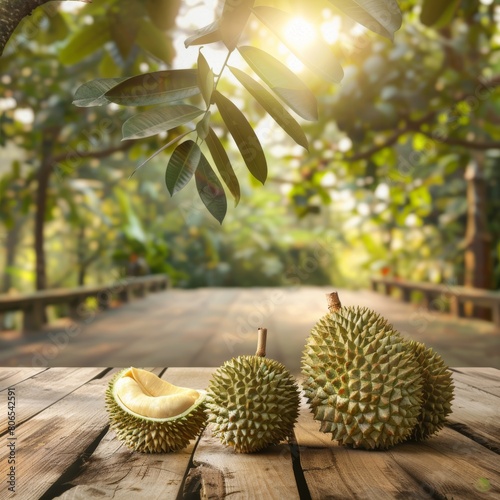 Durian fruit on wooden table with blur durian plantation background.