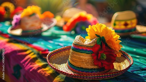 Mexican sombrero on table being sold in an market on sunny day