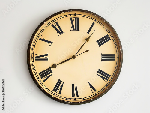 A large wall clock with roman numerals on it.