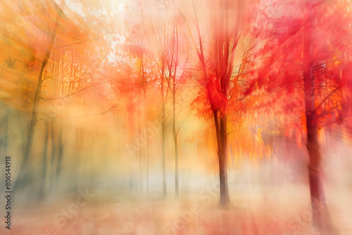 Happy autumn with red leaves, blur art photography style. Blurred artistic illustration of red yellow trees. Beautiful happy misty forest painting for music album or book cover, poetry, or home decor