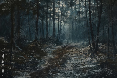 A painting of a forest with a path through it