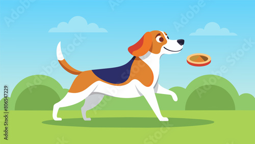 A determined beagle trots confidently across the field ready to show off its frisbeecatching skills to the crowd.. Vector illustration
