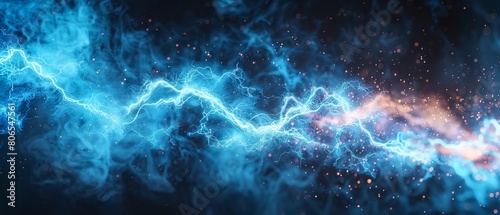 Electric blue sparks flying over a steel gray background illustrating high voltage electricity and energy in technology