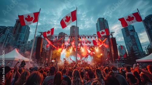 Outdoor concert in Vancouver celebrating Canada Day, stage with Canadian flags and enthusiastic crowd,