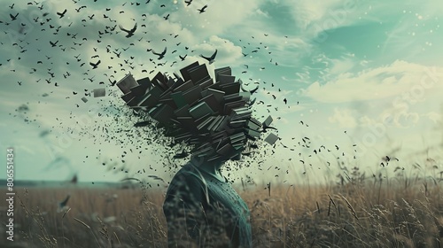 A surreal digital piece where books fly out of a person s head turning into birds and flying into the horizon representing freedom of thought and knowledge spreading