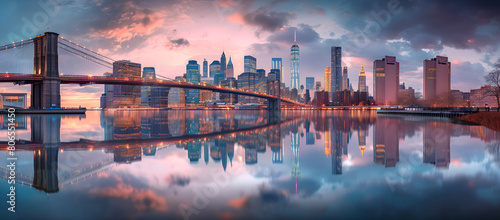 view of brooklyn bridges with the city skyline reflecting on water, panorama background, usa modern city , united state wallpaper city ,blue sky with clouds , City life 