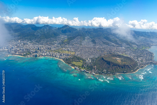 Diamond Head and Waikiki Beach seen from the air during a flight departing Honolulu, Hawaii