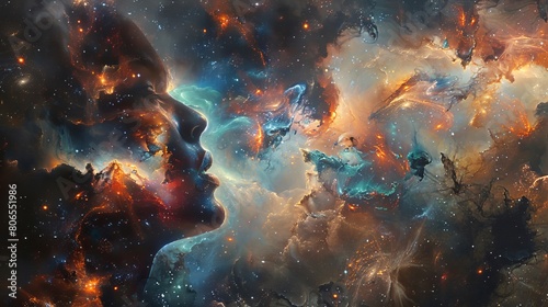 A panoramic mural depicting a person meditating their head opening to release an expansive universe symbolizing enlightenment and the expansion of consciousness