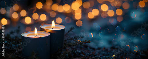 candles for a memorial service, ideal for relaxation, decor themes,blur background ,bokeh panorama, dark navy and gray, bokeh glitter lights, funeral, expression of feelings , Calm and silence