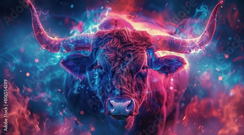 A red and pink bull with glowing eyes made of colorful smoke, Taurus, constellation